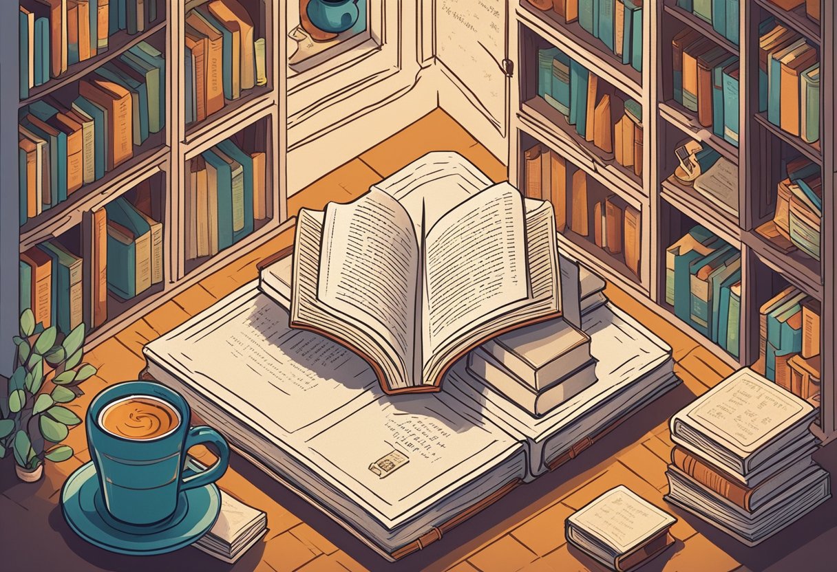 A stack of open books with quotes on each page, surrounded by a warm, cozy reading nook with a soft blanket and a steaming cup of tea