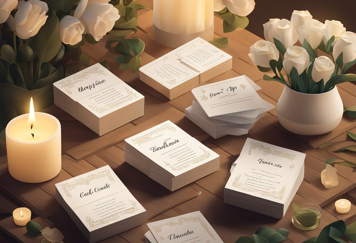 A stack of quote cards with elegant typography arranged on a wooden table, surrounded by soft candlelight and a vase of fresh flowers
