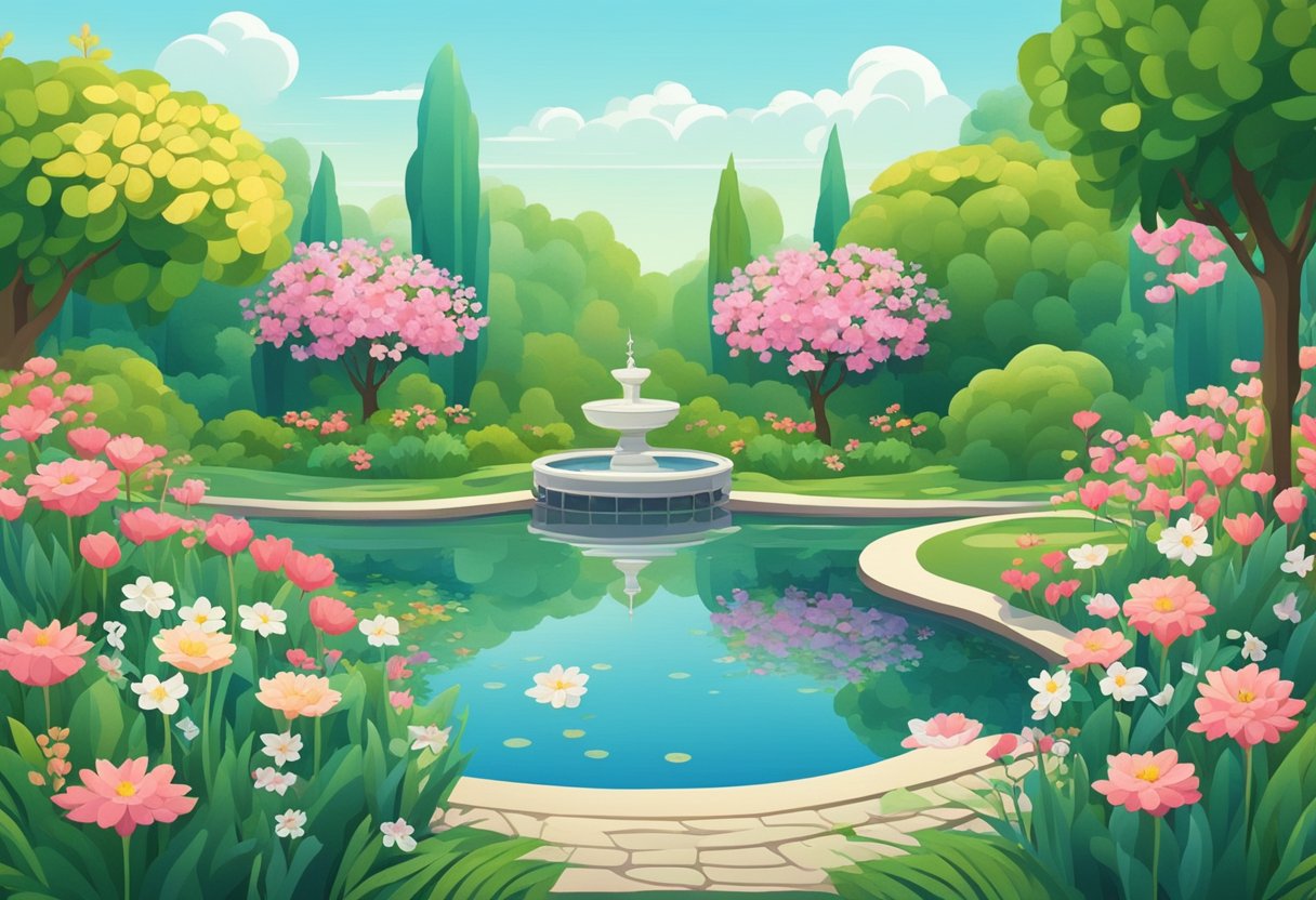 A tranquil garden with blooming flowers and a gentle breeze, with a peaceful pond reflecting the surrounding greenery