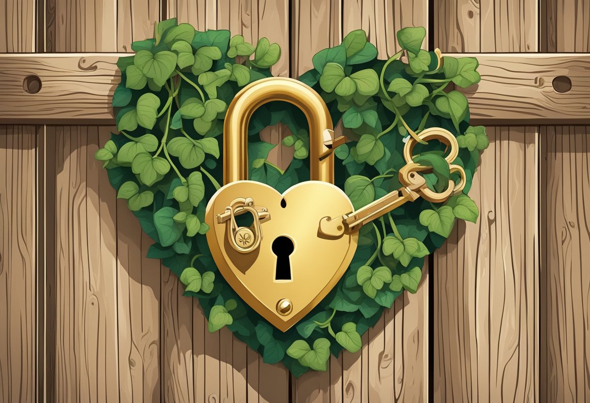 A heart-shaped lock and key, symbolizing trust and love, hang from a rustic wooden door with vines creeping around it