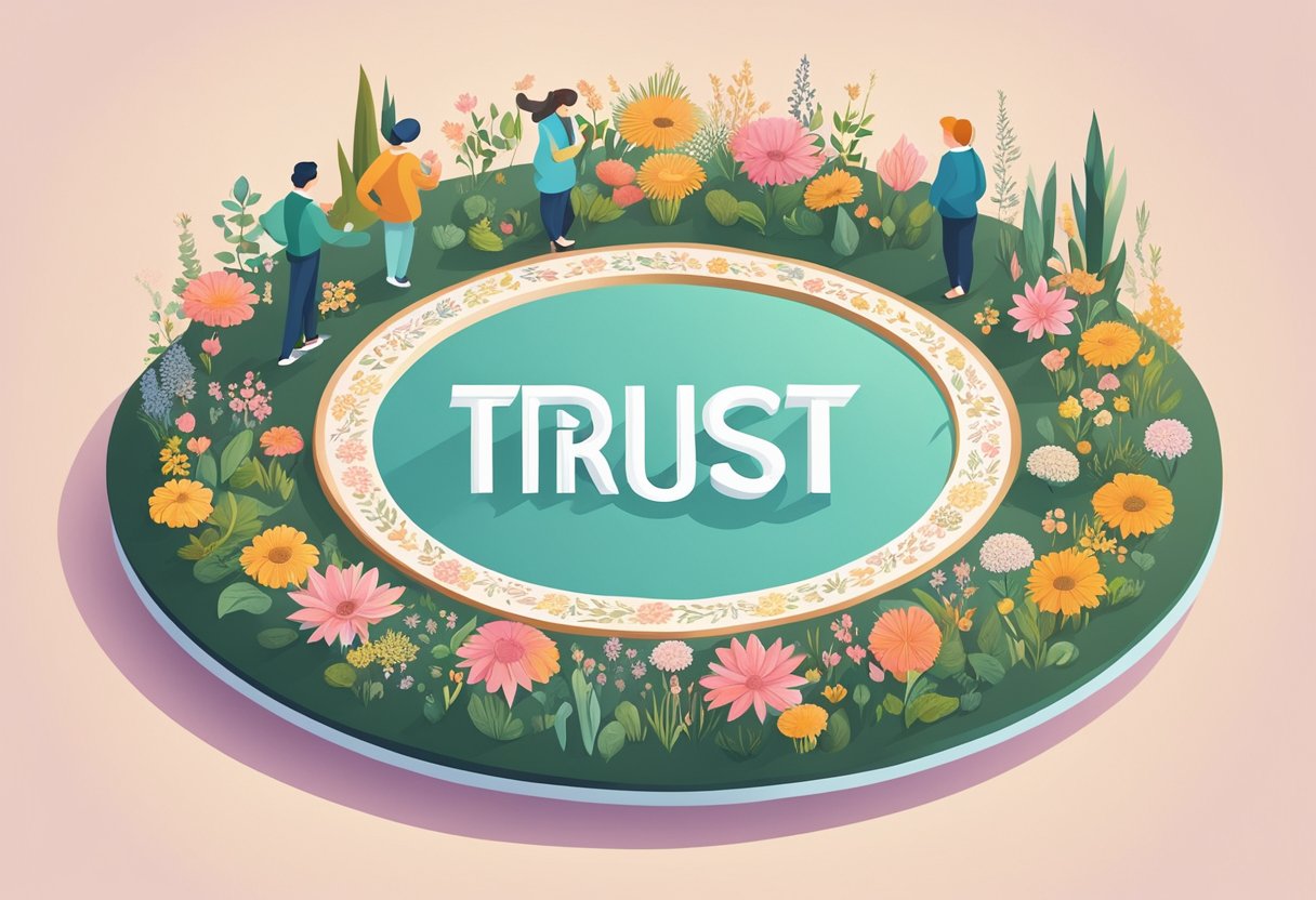 A collection of trust quotes arranged in a circular pattern, surrounded by delicate floral illustrations