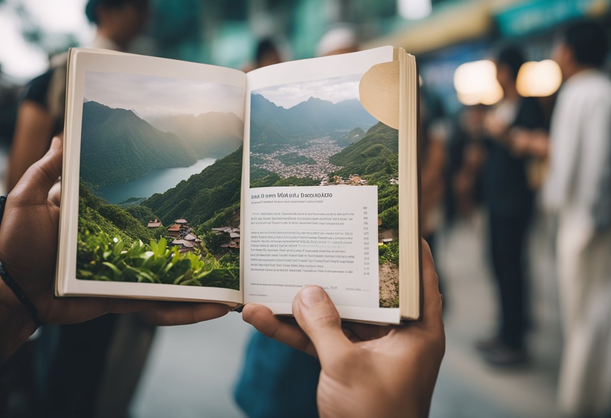 A traveler holding a guidebook, speaking Malay phrases to a local