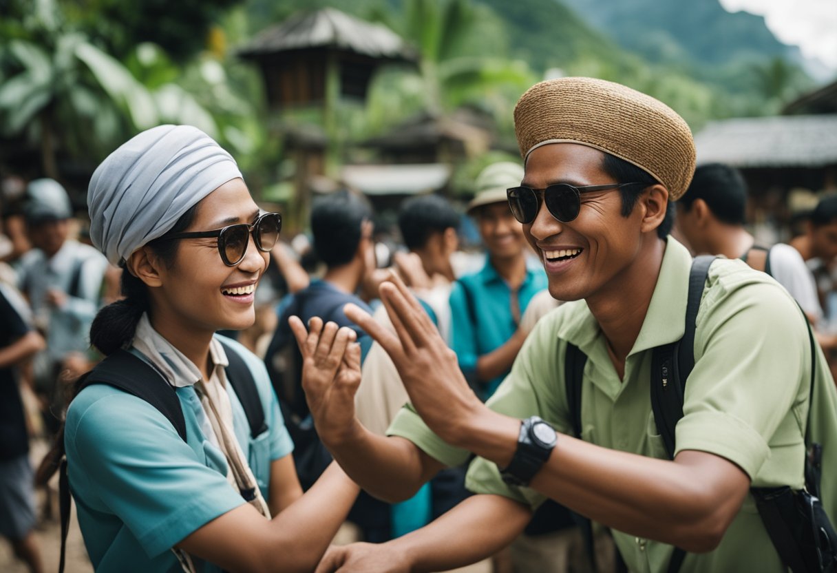 A traveler greeting a local in Malay, exchanging smiles and hand gestures