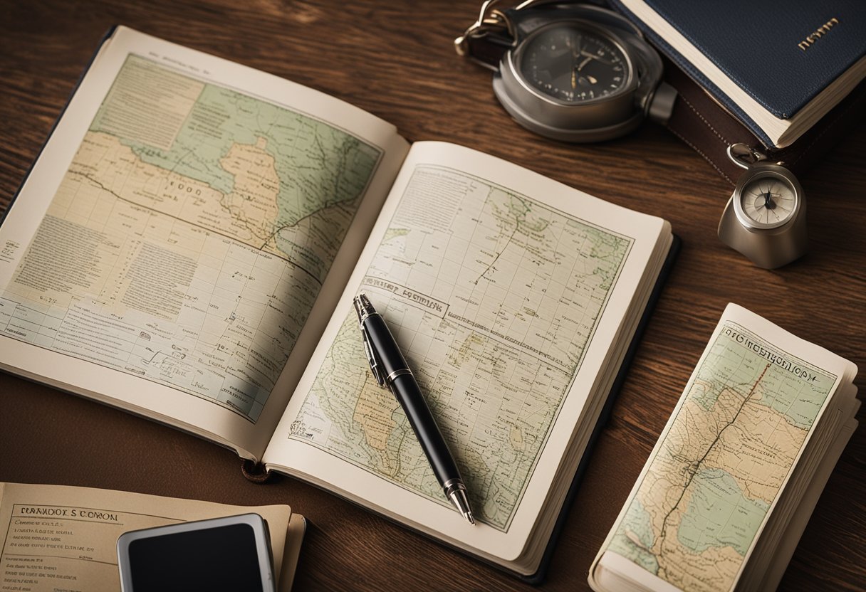 A traveler's phrasebook open on a table, with a map and pen nearby