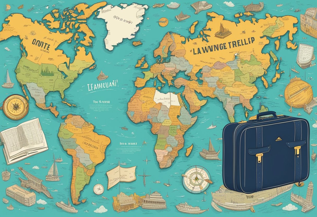 Colorful world map surrounded by travel quotes in various fonts and sizes, with a compass and suitcase in the background