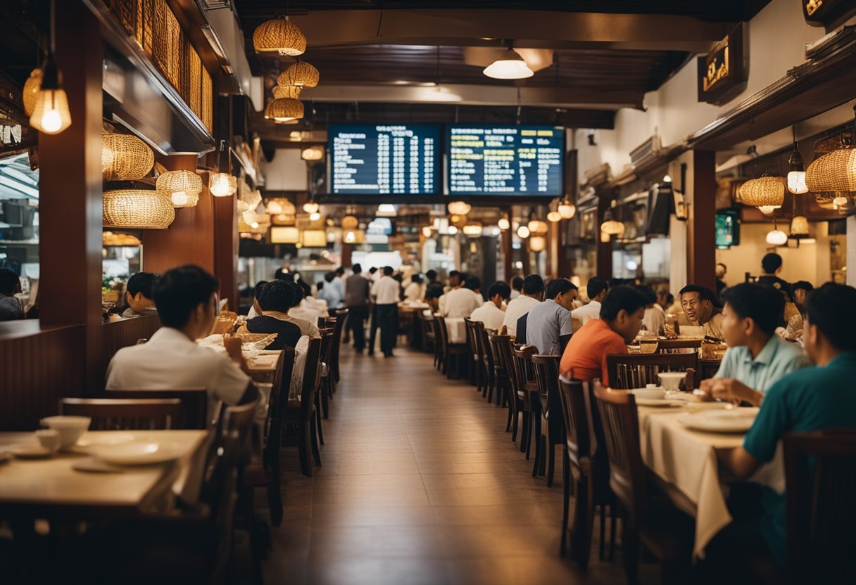 A bustling Malaysian restaurant with tables full of diners, a server taking orders, and signs displaying essential Malay phrases for travelers