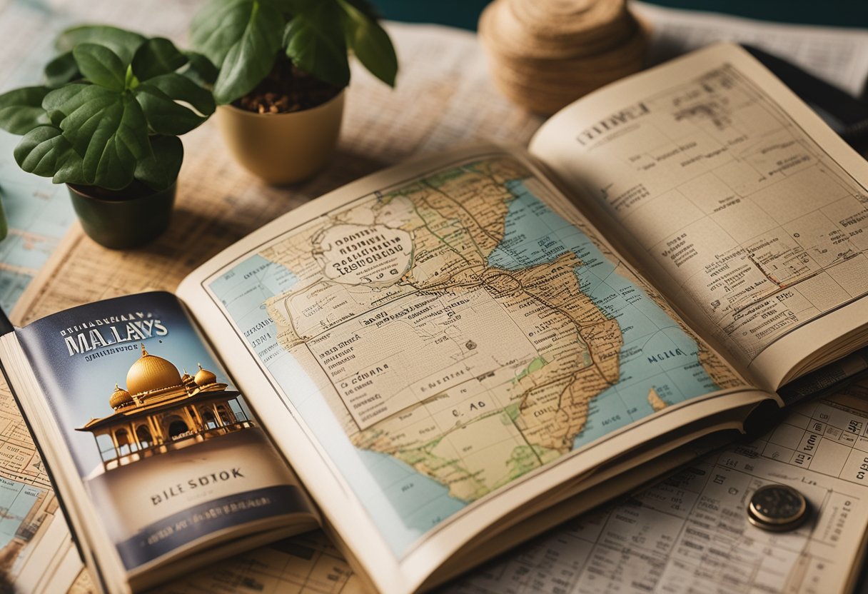 A traveler's guidebook open to a page with essential Malay phrases, surrounded by a map, passport, and plane tickets