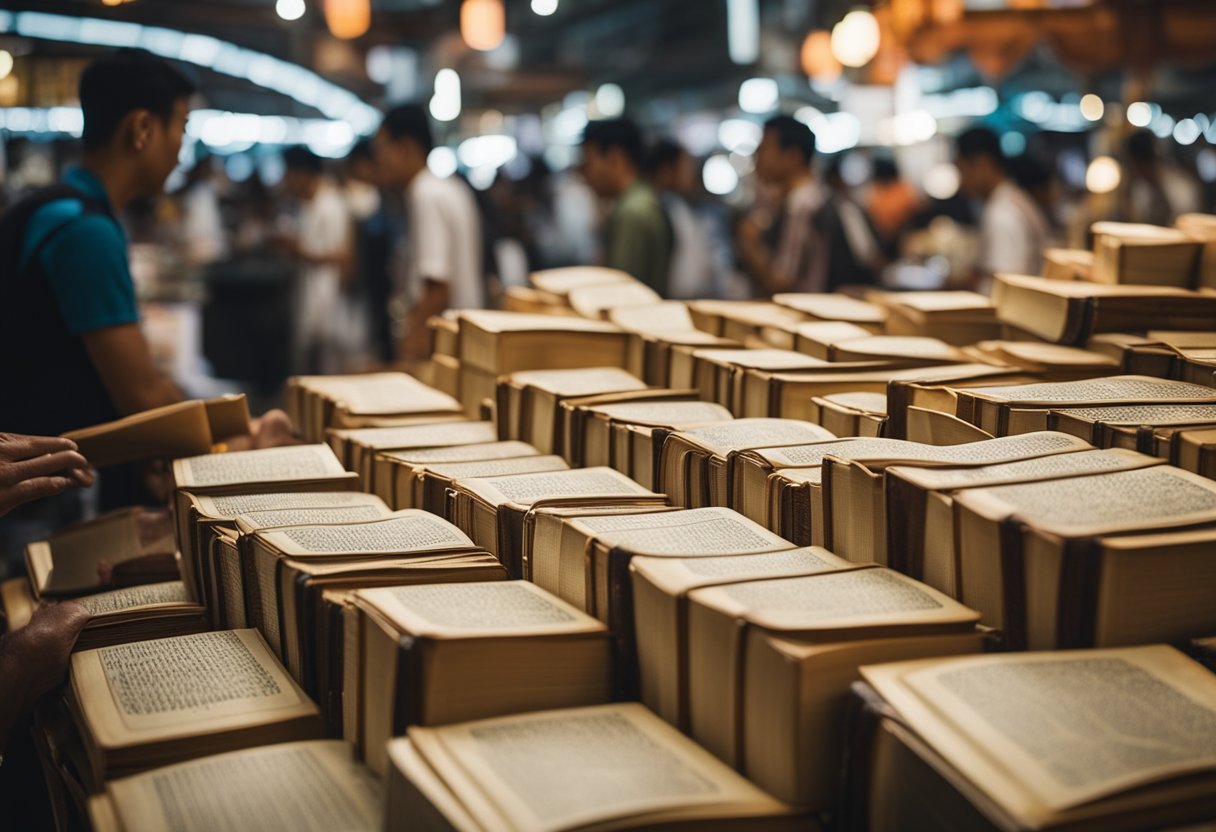 A traveler browsing a book of Malay phrases in a bustling market