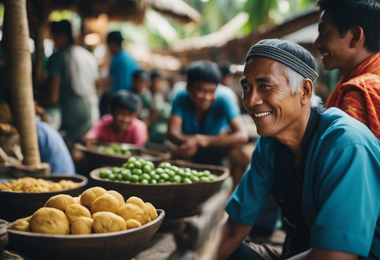 A traveler using Malay phrases with locals in a traditional setting