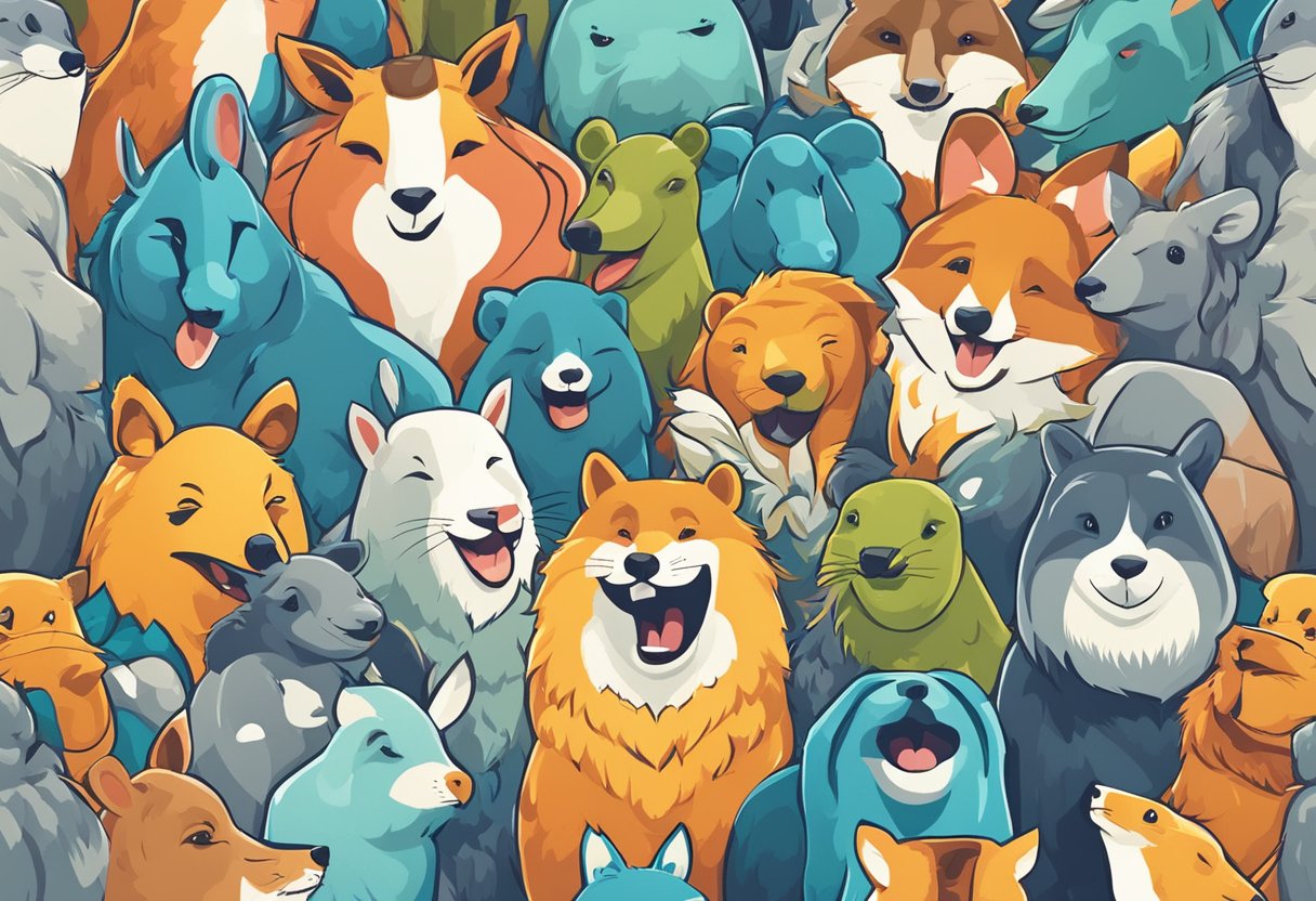 A group of animals laughing together, with speech bubbles containing funny friend quotes above their heads