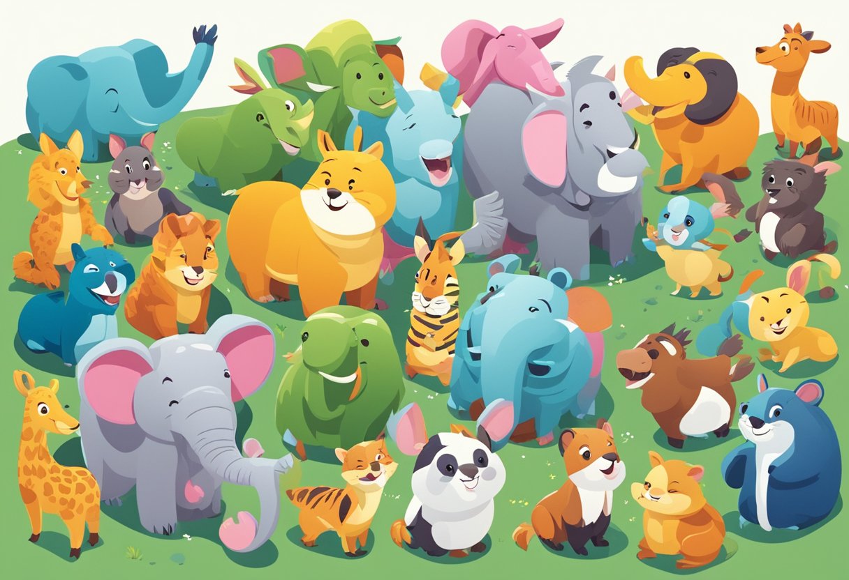 A group of diverse cartoon animals laughing and sharing funny quotes from a list, with speech bubbles and joyful expressions