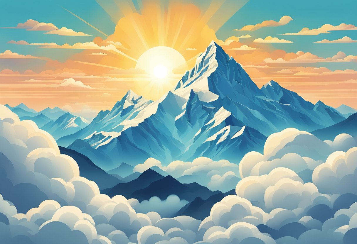 A mountain peak rises above the clouds, with the sun shining behind it, casting a powerful and resilient silhouette