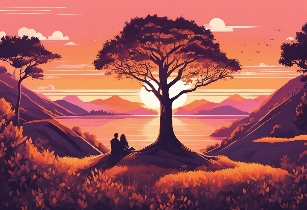 A couple sits under a tree, gazing at the sunset. The sky is painted in warm hues of orange and pink, while the tree's branches sway gently in the breeze