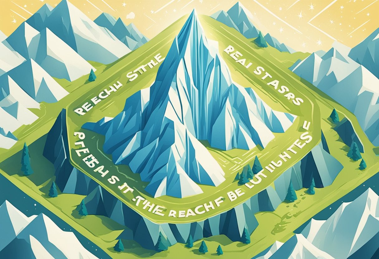 A bright light shining on a mountain peak with the words "reach for the stars" written in bold letters