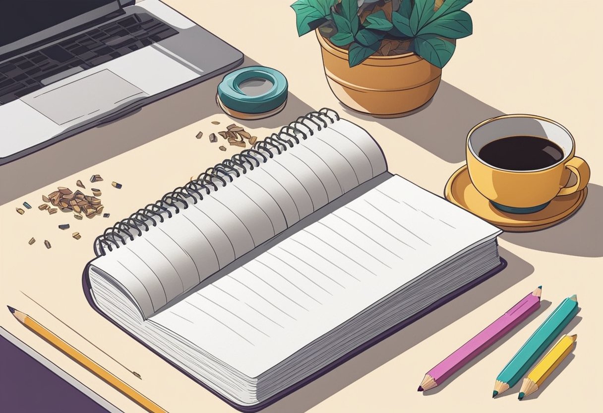 A blank notebook sits open on a desk, surrounded by scattered pencils and eraser shavings. A cup of coffee steams nearby, with a motivational quote list visible on the page