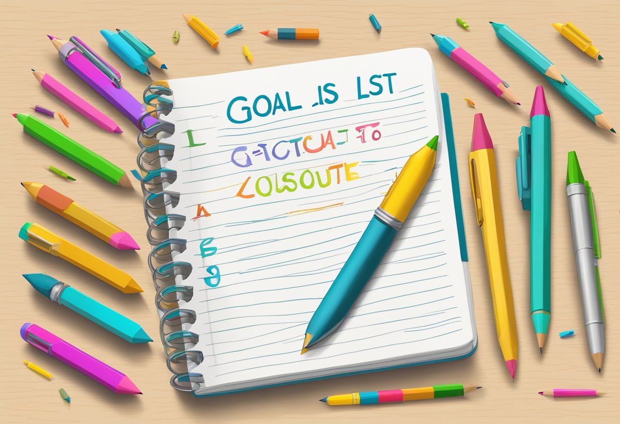 A blank notebook with "Quote List 76 - 100 goal quotes" written in elegant script on the first page, surrounded by a scattering of colorful pens and pencils