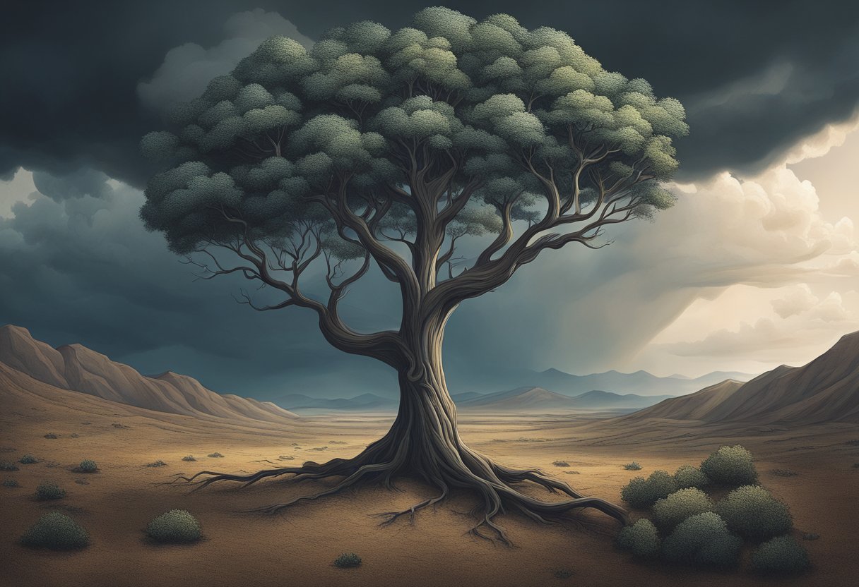 A barren tree stands alone in a desolate landscape, with dark storm clouds looming overhead, symbolizing the hardships and struggles of life