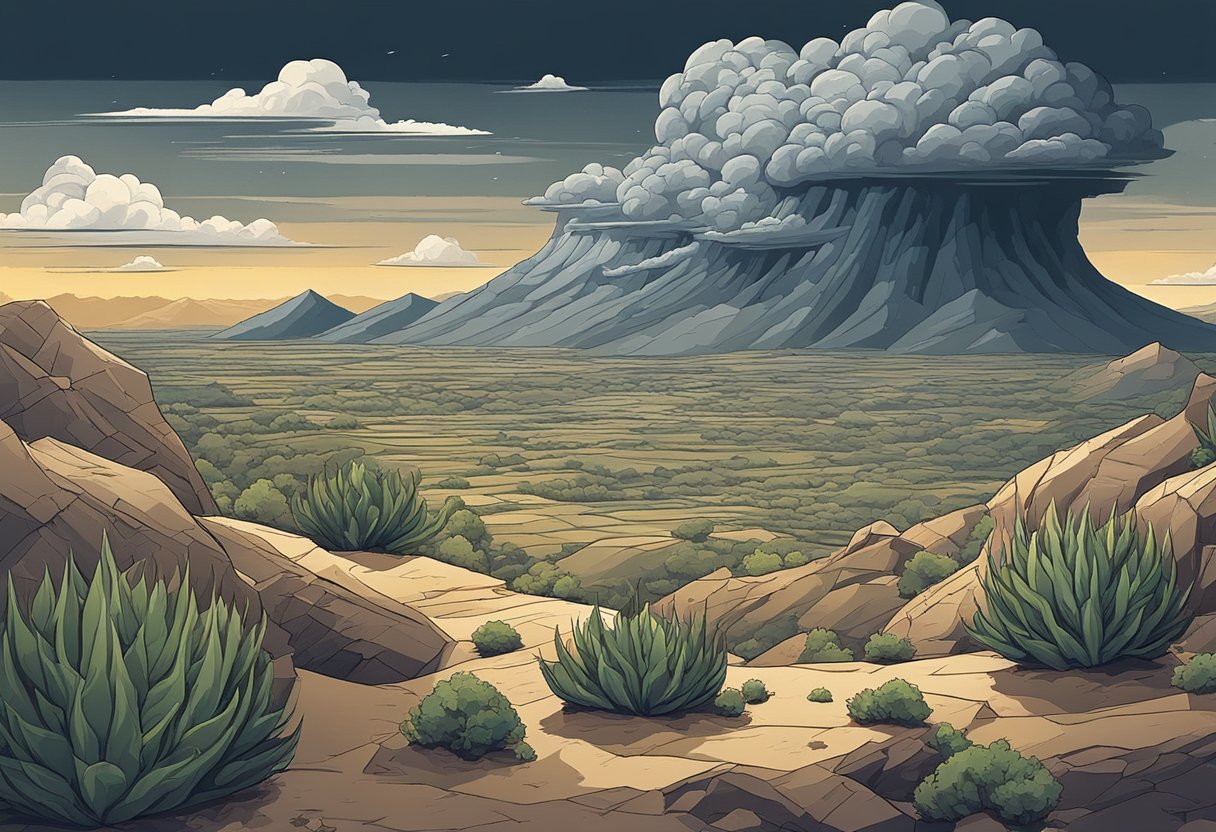 A dark storm cloud looms over a barren landscape, with jagged rocks and thorny bushes scattered around. The atmosphere is heavy and oppressive, reflecting the theme of hardship and struggle