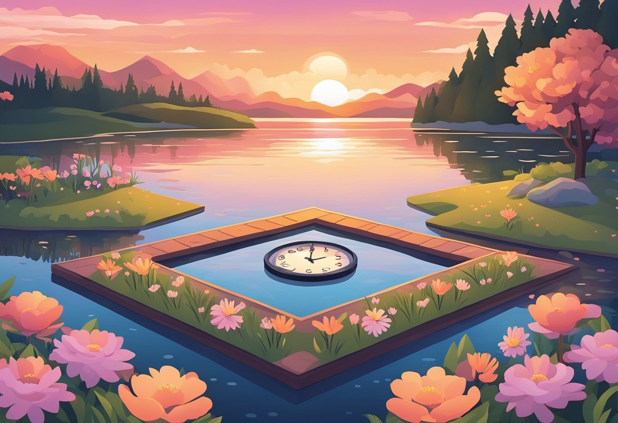 Sunset over a serene lake, with the water reflecting the orange and pink hues of the sky. A clock on the shore reads 6:00, surrounded by blooming flowers and a peaceful atmosphere