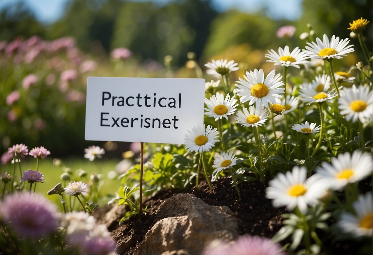 A serene garden with blooming flowers and a clear blue sky, with a sign that reads "Practical Exercises for Growth Mindset" in bold letters