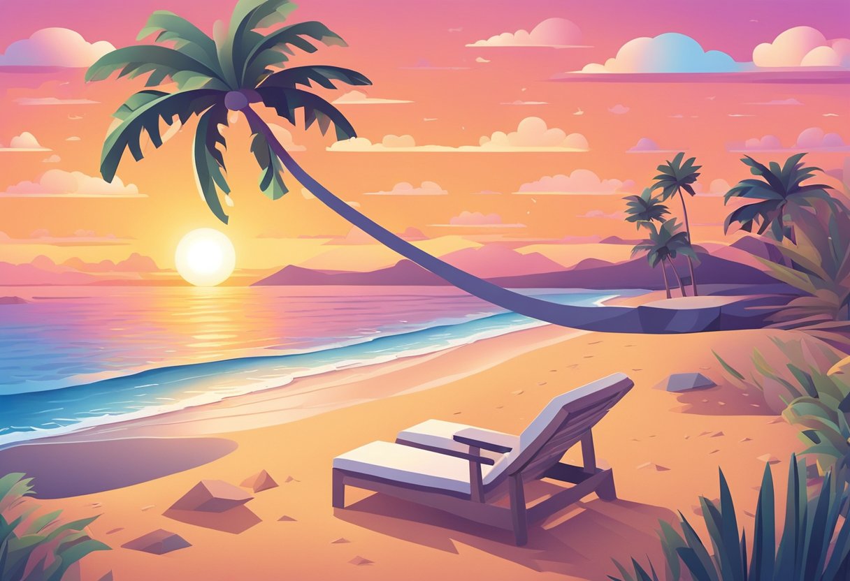 A serene beach at sunset, with a lone palm tree and a gentle breeze, symbolizing self-love and inner peace