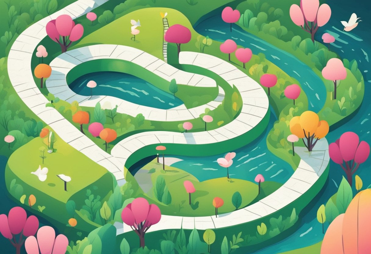 A winding path with obstacles, leading to a heart-shaped mirror reflecting self-affirming quotes