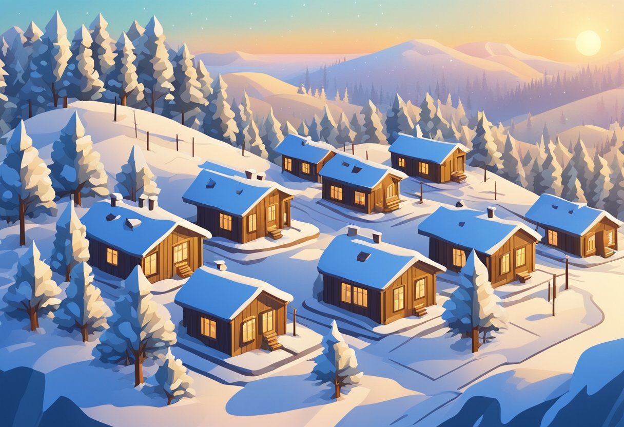 Snow-covered landscape with bare trees, a cozy cabin, and the soft glow of winter sunlight
