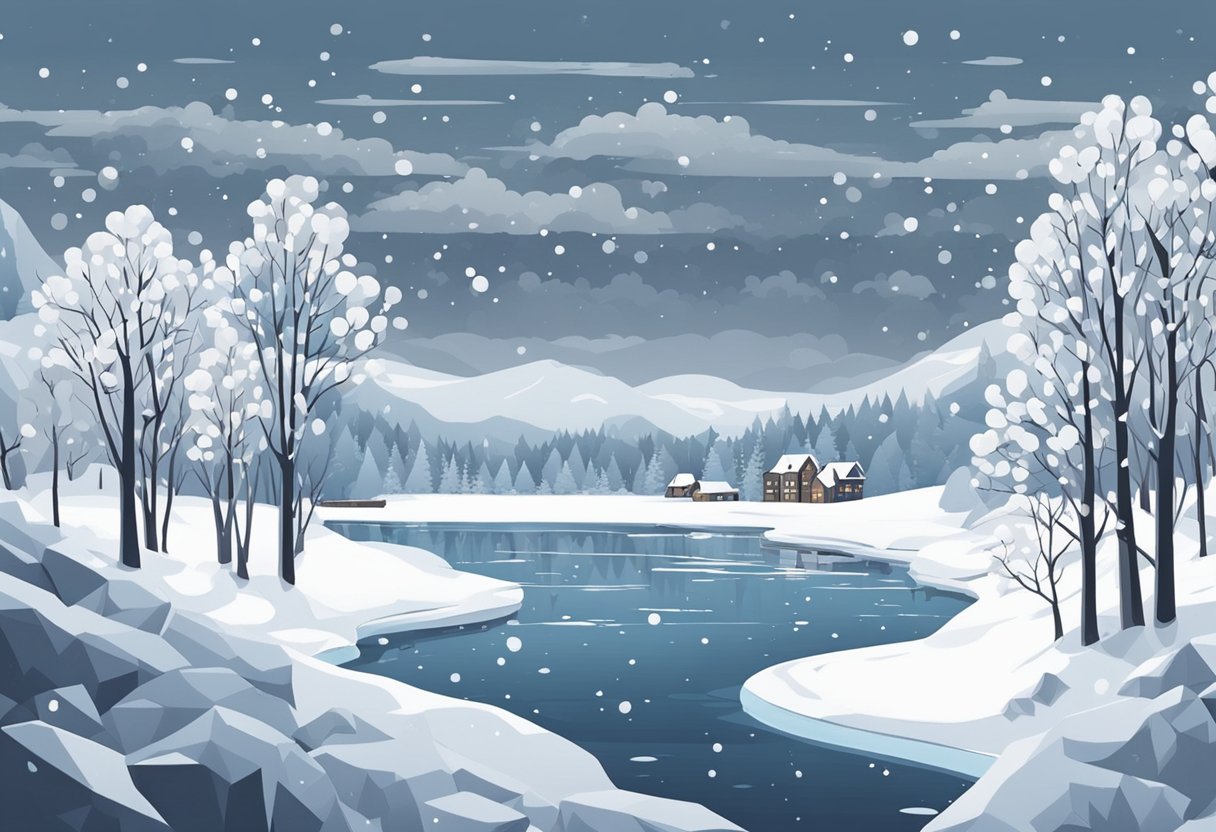 Snow-covered landscape with bare trees and frozen lake. Smoke rising from chimneys in the distance. Gray sky and snowflakes falling gently