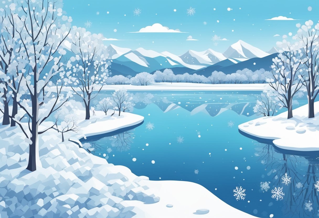 Snow-covered landscape with bare trees, a frozen lake, and a clear blue sky. Snowflakes gently falling, creating a serene winter scene