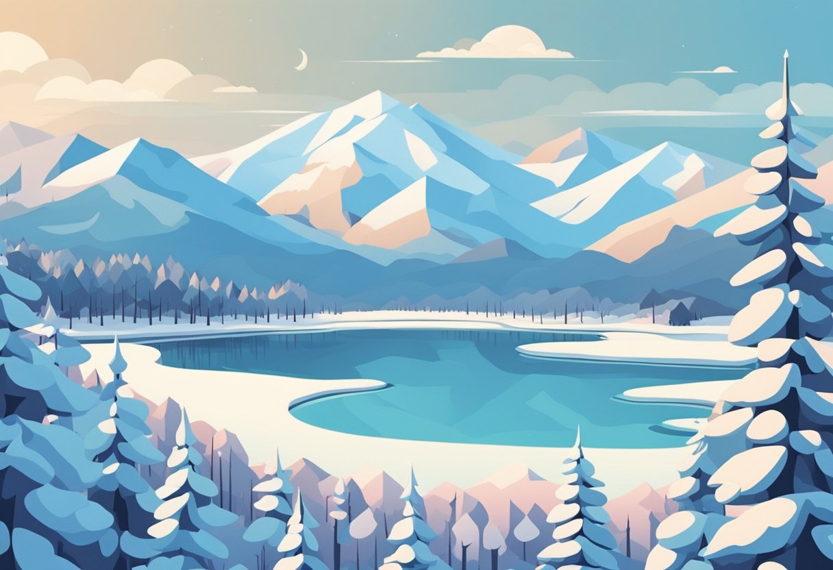 Snow-covered landscape with bare trees, a frozen lake, and distant mountains. Soft, muted colors with a serene atmosphere