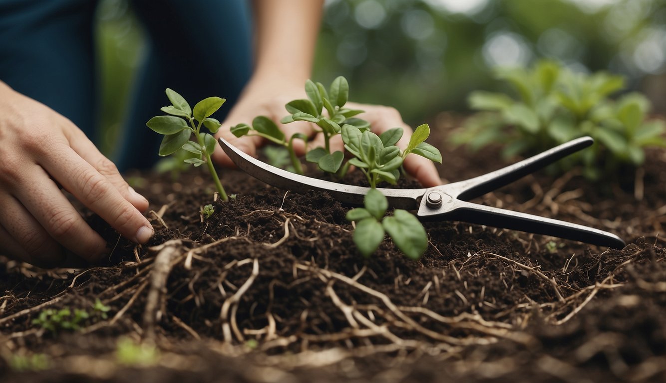 Focusing on removing decayed roots from a plant with a pair of gardening shears