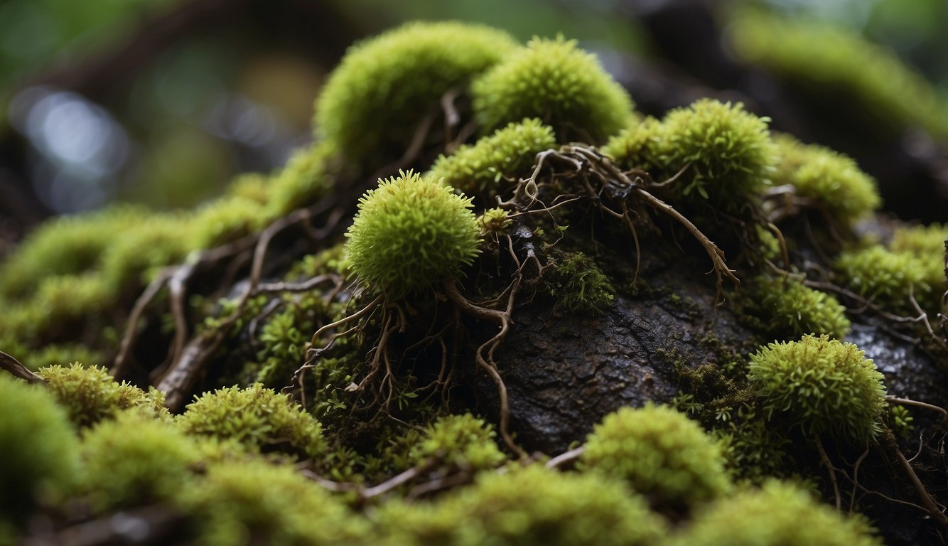 Rotten roots protrude from the damp earth, entangled and decaying, surrounded by a halo of vibrant green moss and delicate fungi