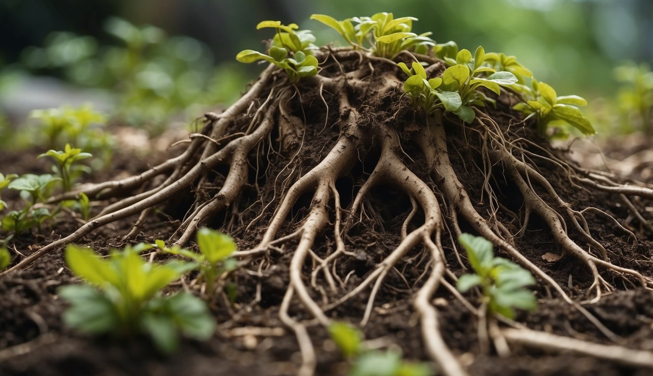 Rotten roots infested with pathogens and pests, decaying and discolored, surrounded by wilting plants
