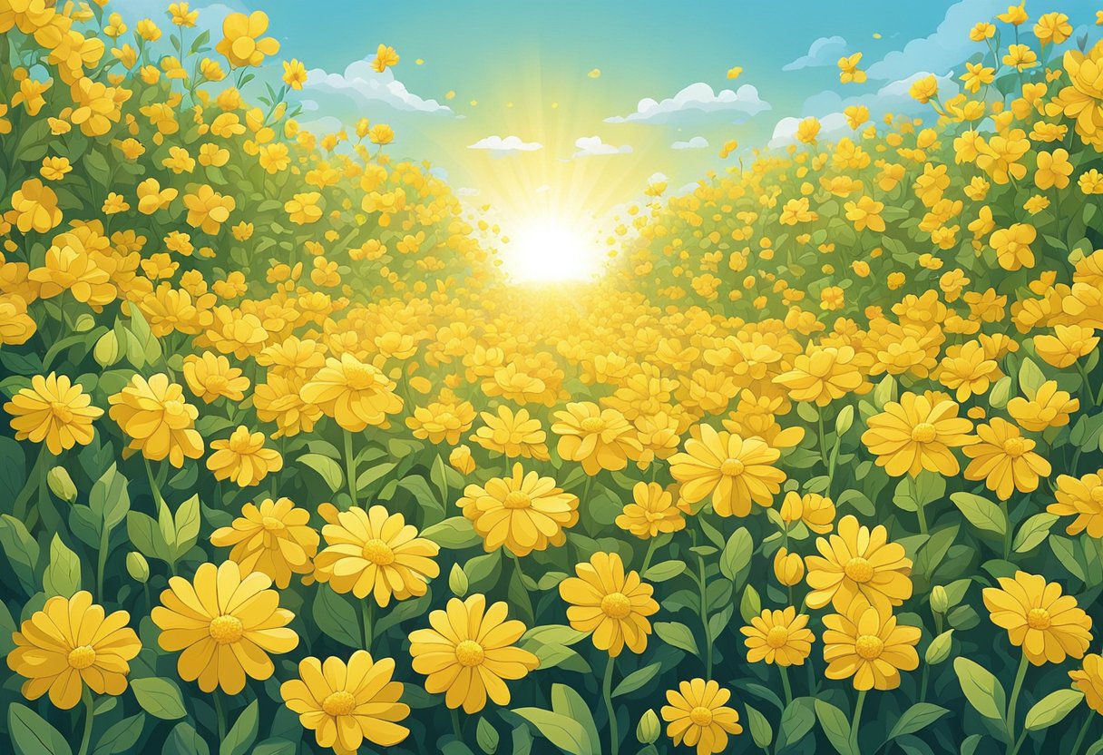 Sunlight illuminates a field of yellow flowers, their petals reaching towards the sky. A gentle breeze causes the flowers to sway, creating a mesmerizing dance of color