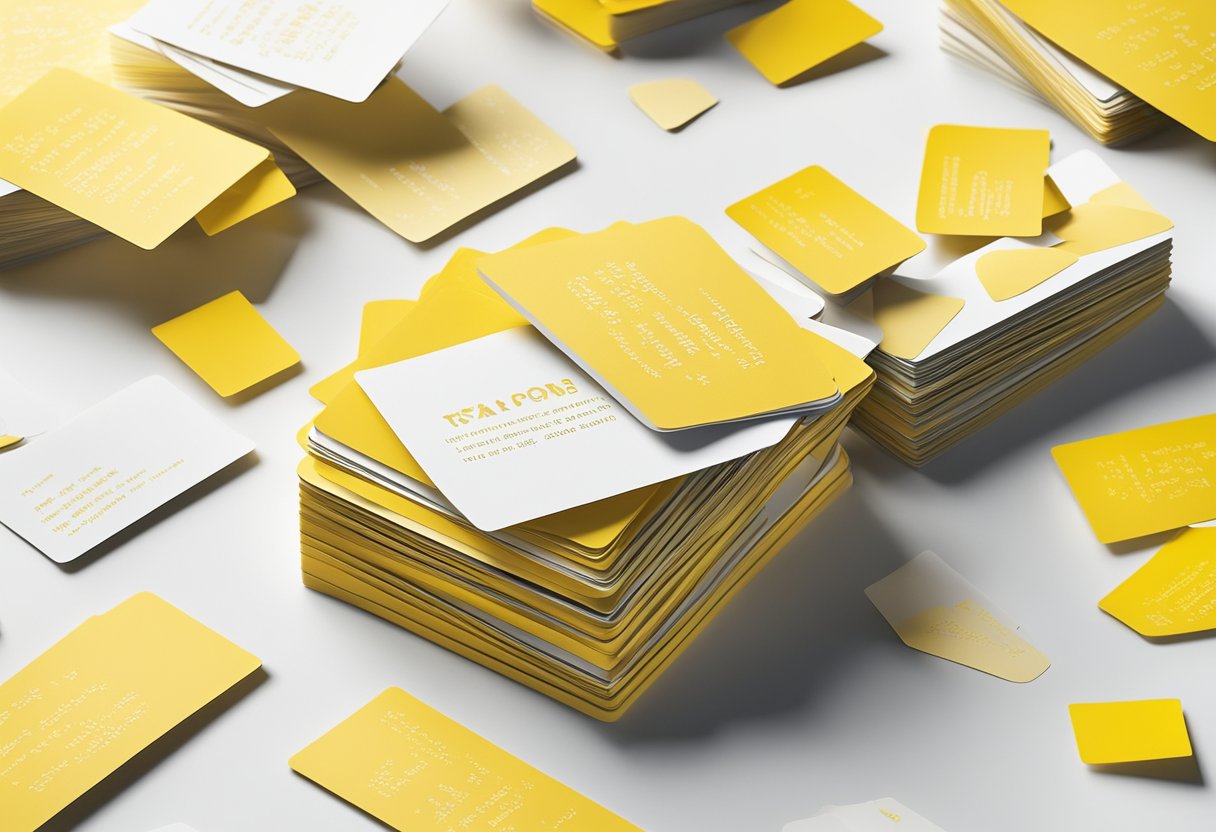 A pile of vibrant yellow quote cards scattered on a clean white surface, casting soft shadows in the warm light