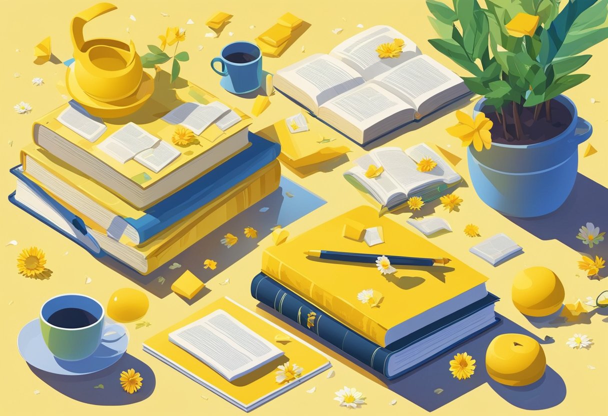A table scattered with yellow items, from flowers to books, bathed in warm sunlight