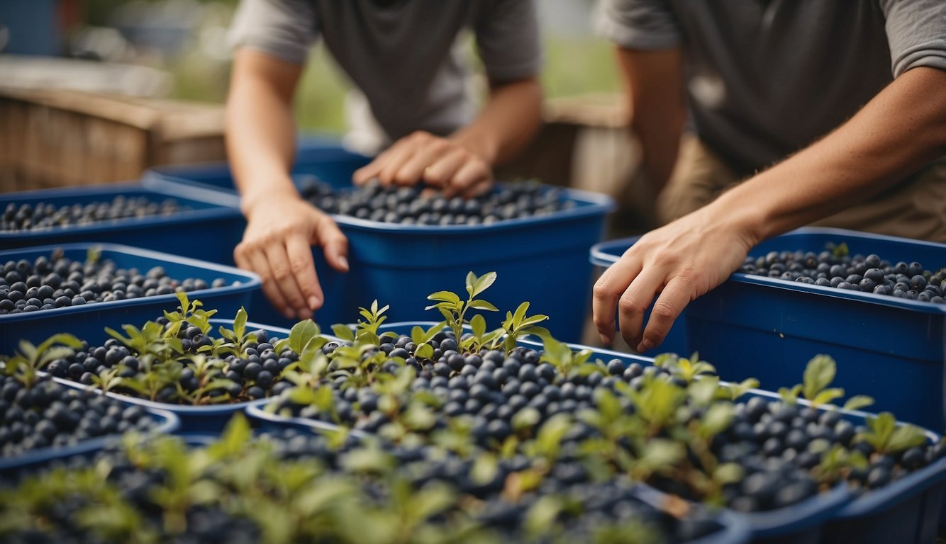 A person selecting a suitable container for growing blueberries, surrounded by various options like pots, tubs, and barrels