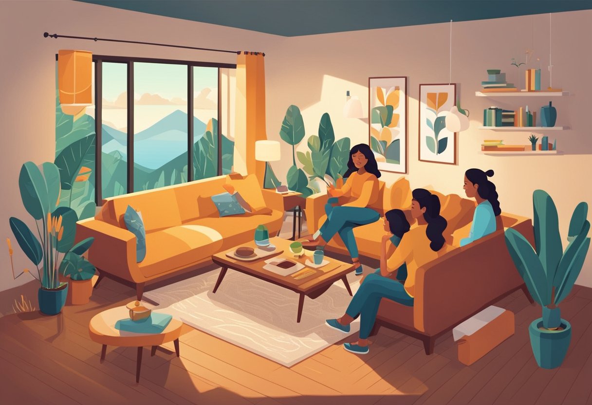 A group of cousins laugh and chat, surrounded by a cozy living room with warm lighting and comfortable furniture