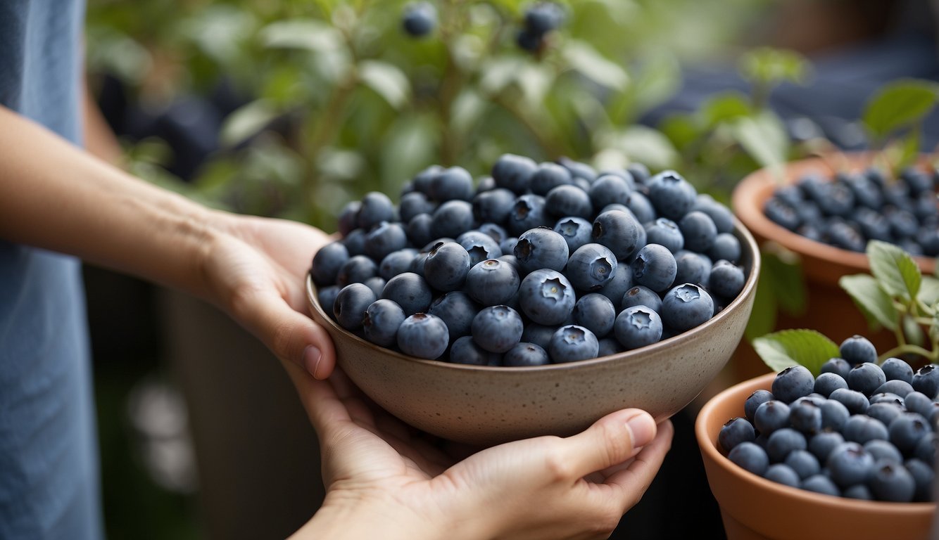A person selects blueberry varieties, pots in background