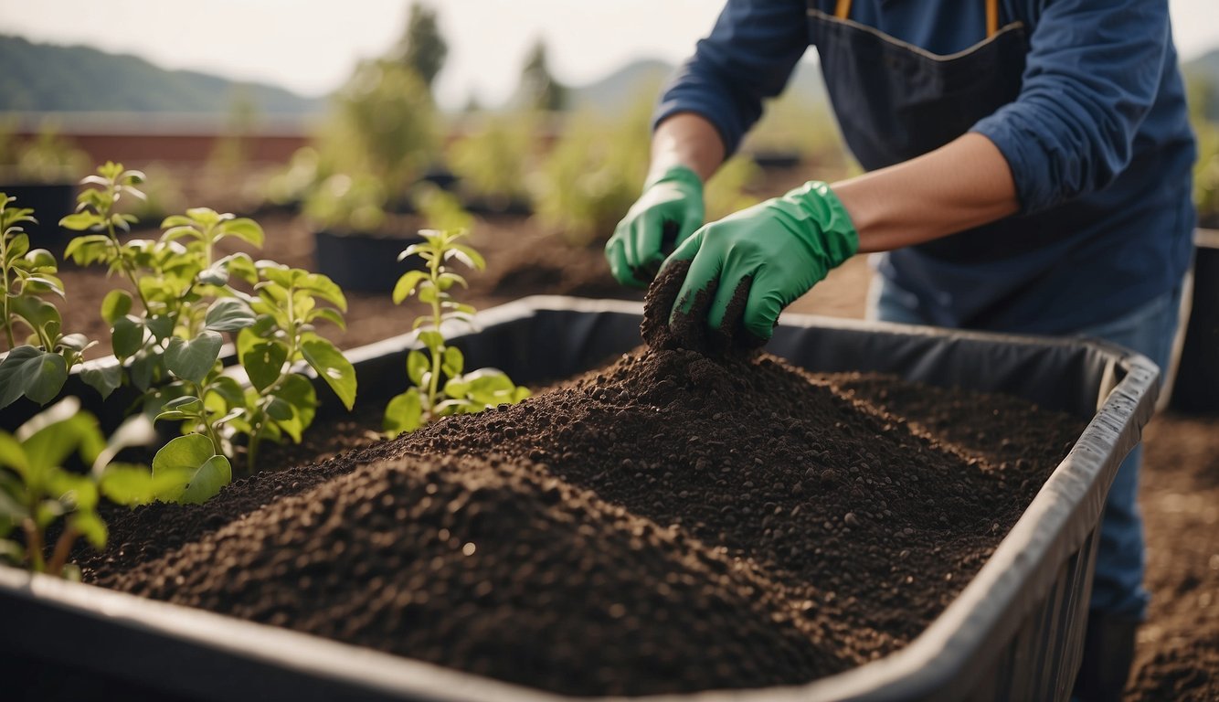 A person mixing soil in a large container, surrounded by bags of soil, fertilizer, and blueberry plants