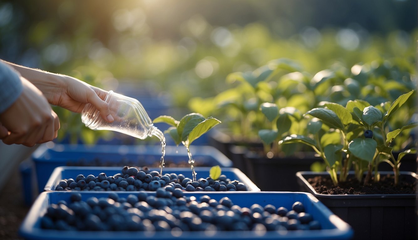 A person watering a blueberry plant in a container, with a moisture management system in place