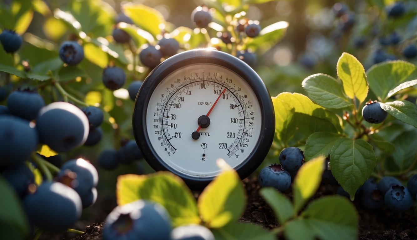 Sunlight streams onto a container garden of blueberry bushes. Thermometer reads optimal temperature