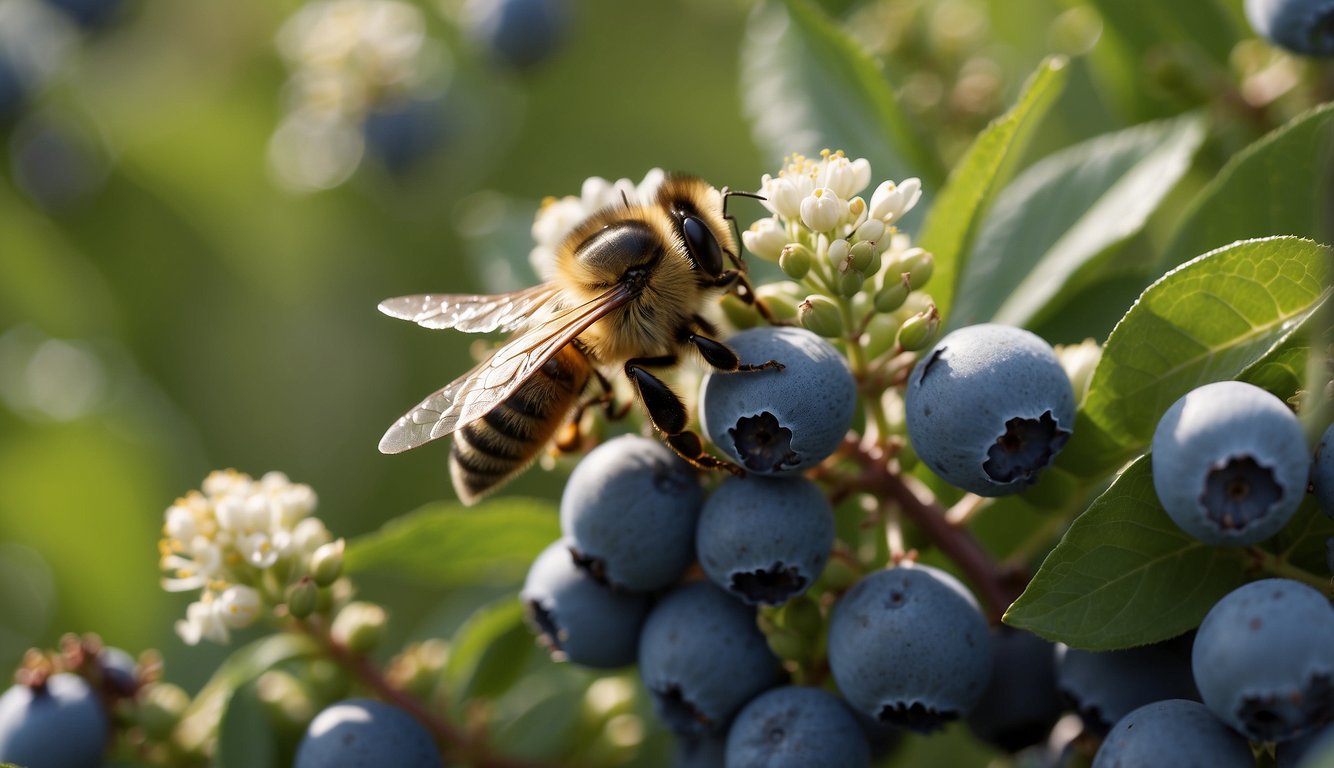 Bees pollinate blueberry flowers in containers, leading to fruit production