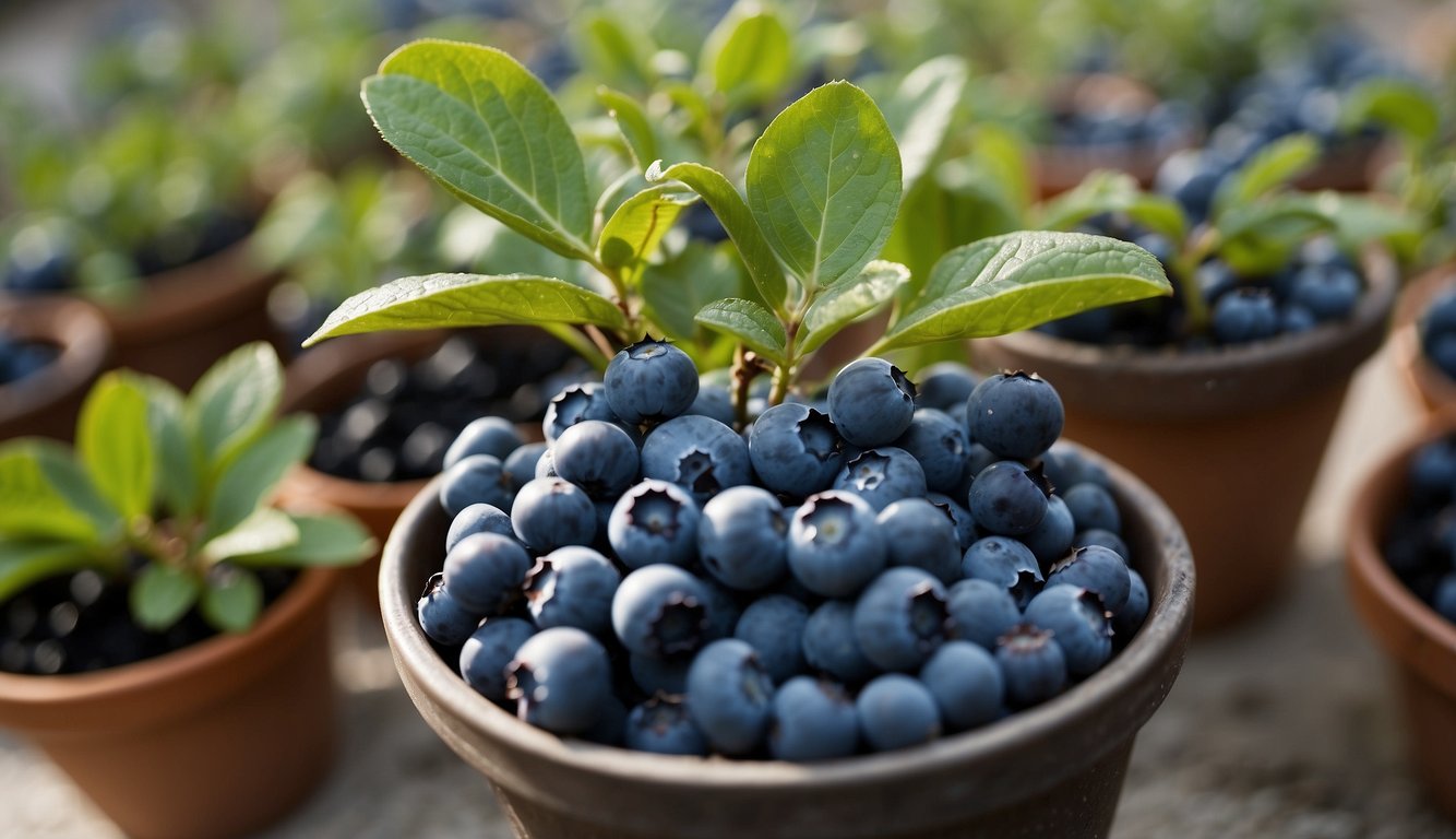 Blueberry plants in containers, surrounded by pruning tools and maintenance supplies