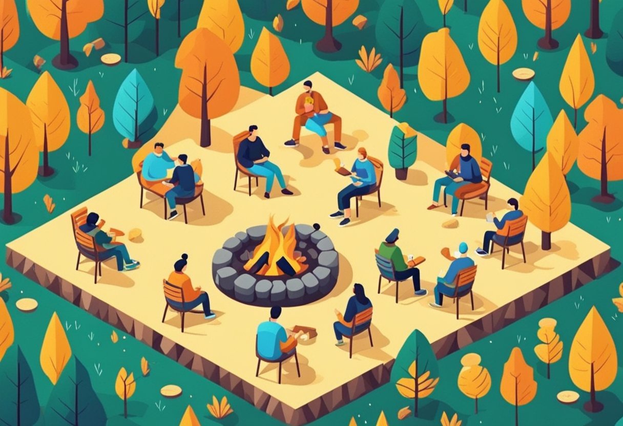 Friends laughing, playing games, and sharing jokes around a campfire