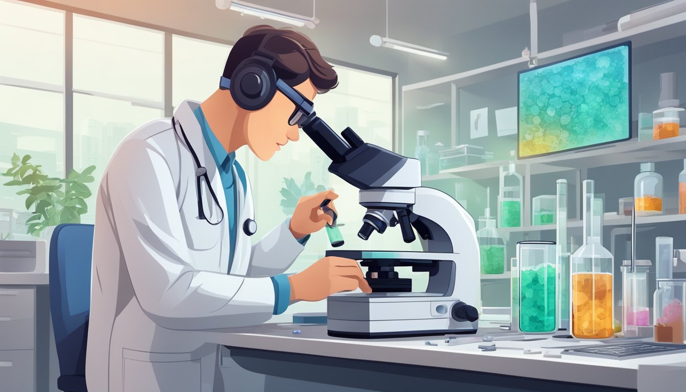 A lab technician examines mold samples under a microscope, while a scientist records data from diagnostic tests. Equipment and charts fill the room