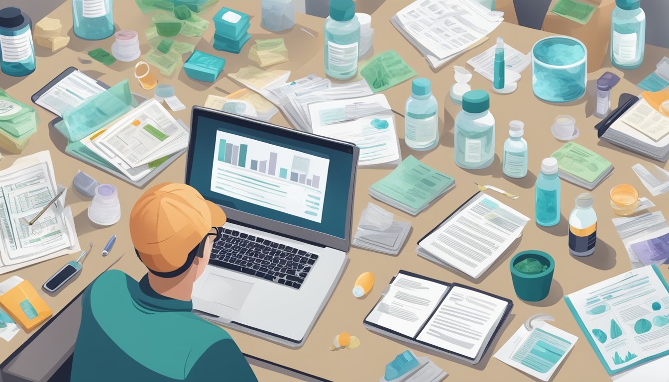 A person researching mold illness, surrounded by medical documents and treatment options
