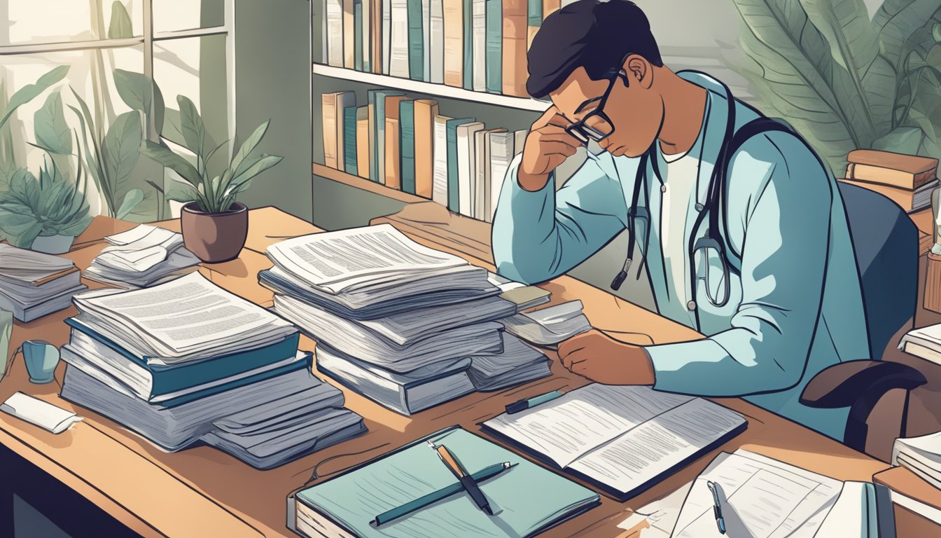 A person researching mold illness, surrounded by medical books and documents, with a focus on prevention and treatment