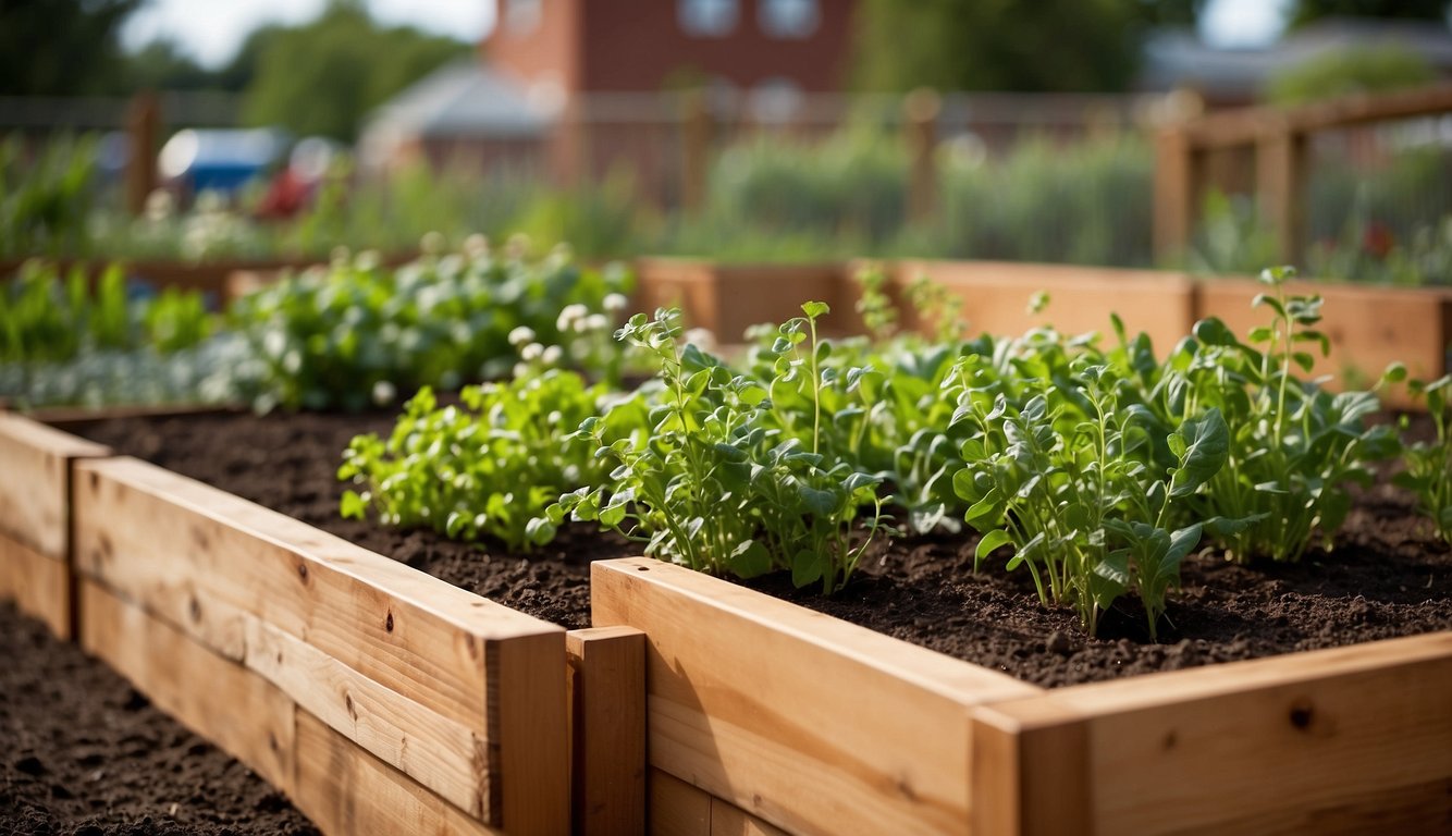 Raised garden beds are utilized for easier access, better drainage, and soil control. The design allows for efficient planning and organization of the garden space