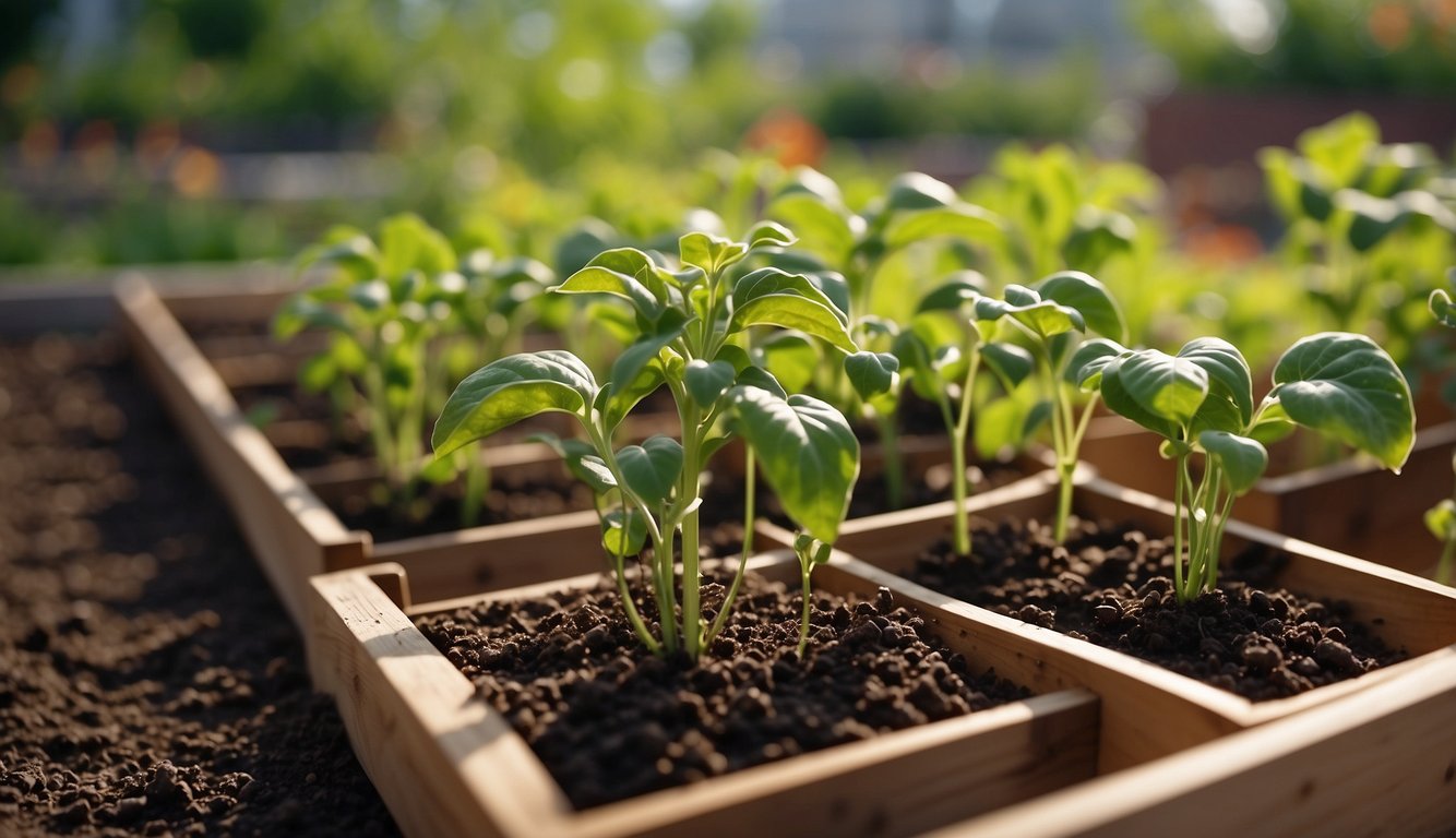 Seeds are placed in raised garden beds, soil is watered, and plants grow tall and healthy